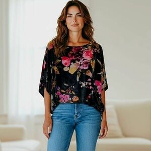 Johnny Was Womens Large Silk Velour Biya Paisley Batwing Top Black Floral Loose